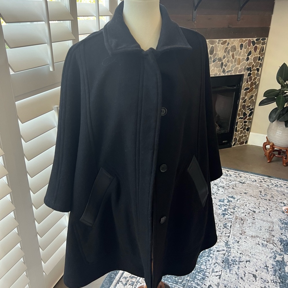 Coach Black Wool Cape with leather trim